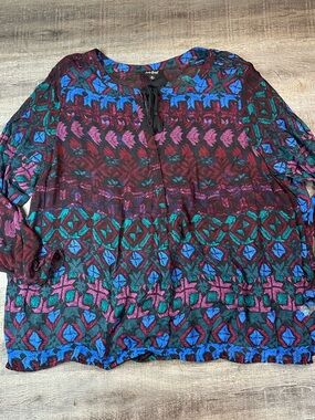 Lucky Brand Multicolor Sheer Geometric Tie Front Blouse Burgundy Teal & Blue